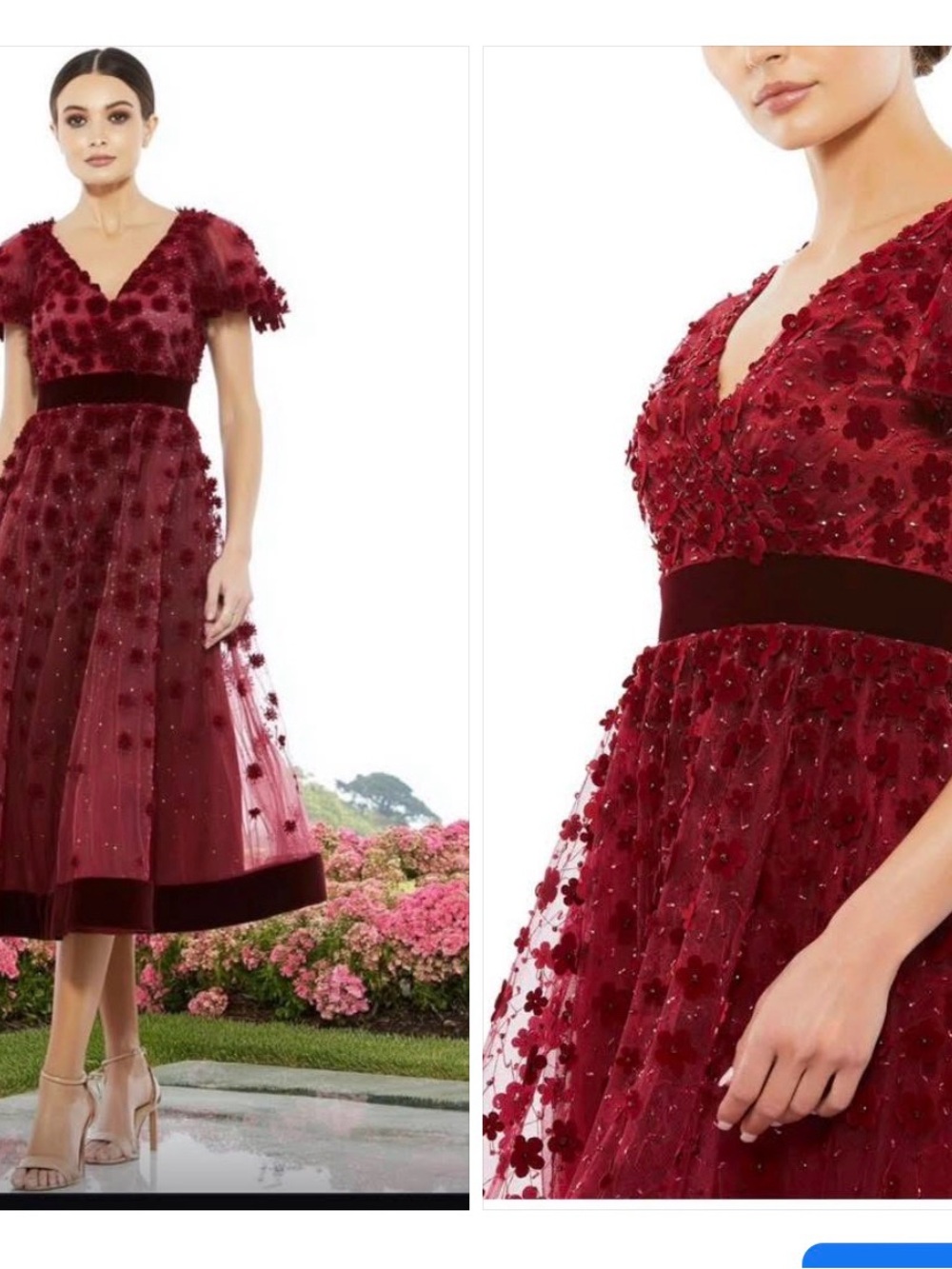 Mac Duggal 67854 Womens Velvet 3D Flower-Embellished Midi-Dress Burgundy 6= XS